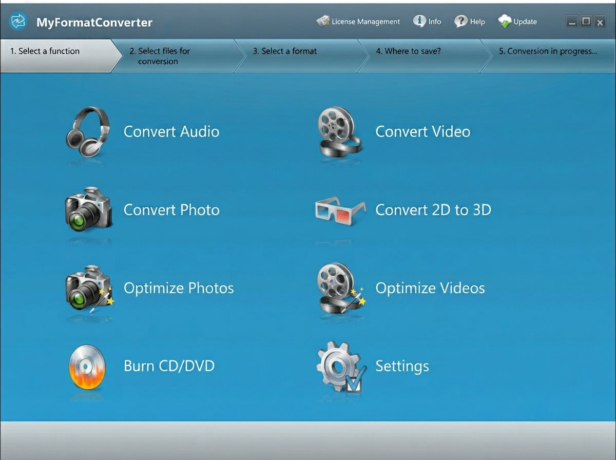 Menu principal MyFormatConverter : Audio, Vidéo, Photo, 2D vers 3D, DVR, CD/DVD