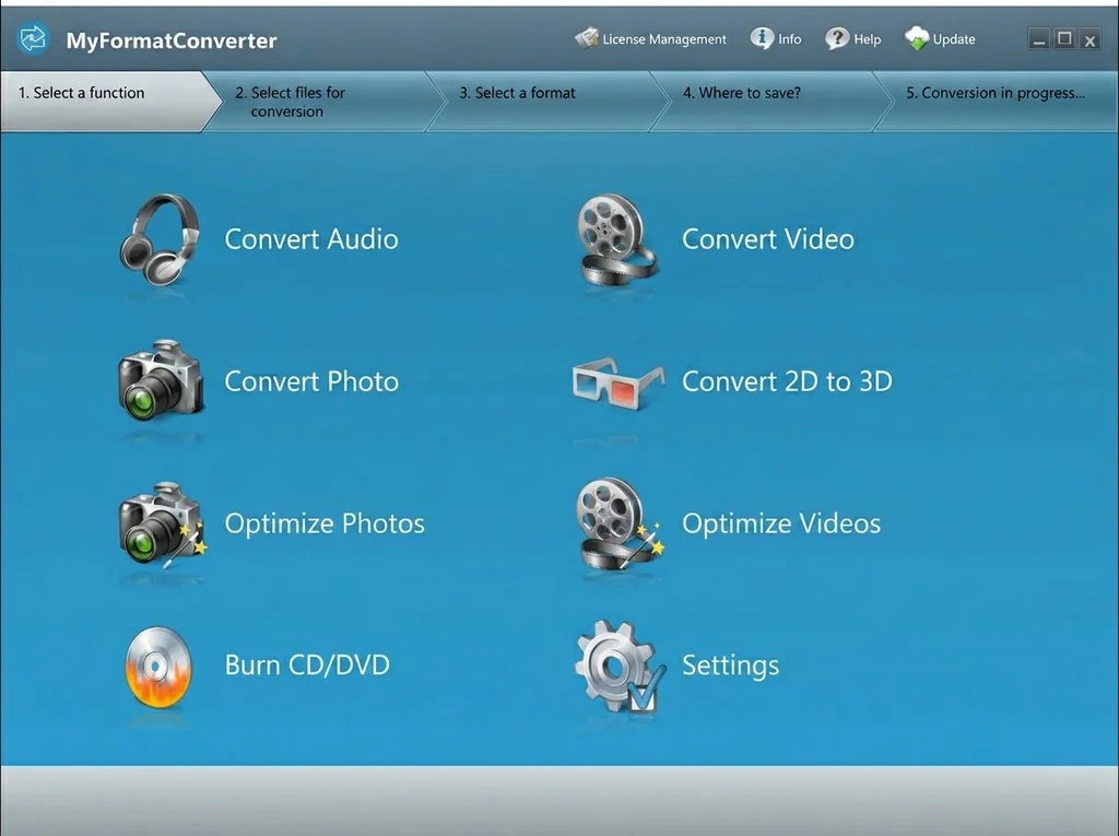 MyFormatConverter main menu: Audio, Video, Photo, 2D to 3D, DVR, CD/DVD