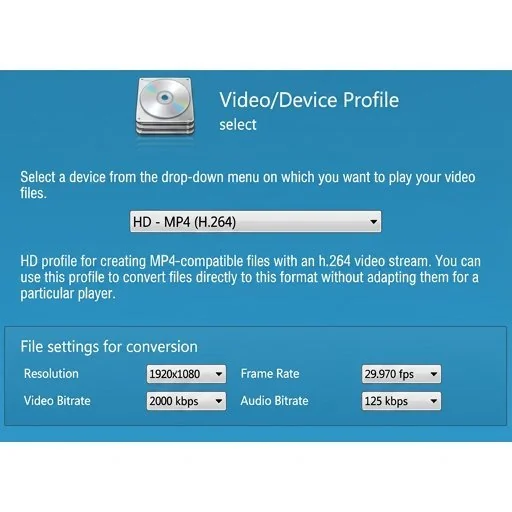 MyFormatConverter: video profile selection with HD MP4 settings